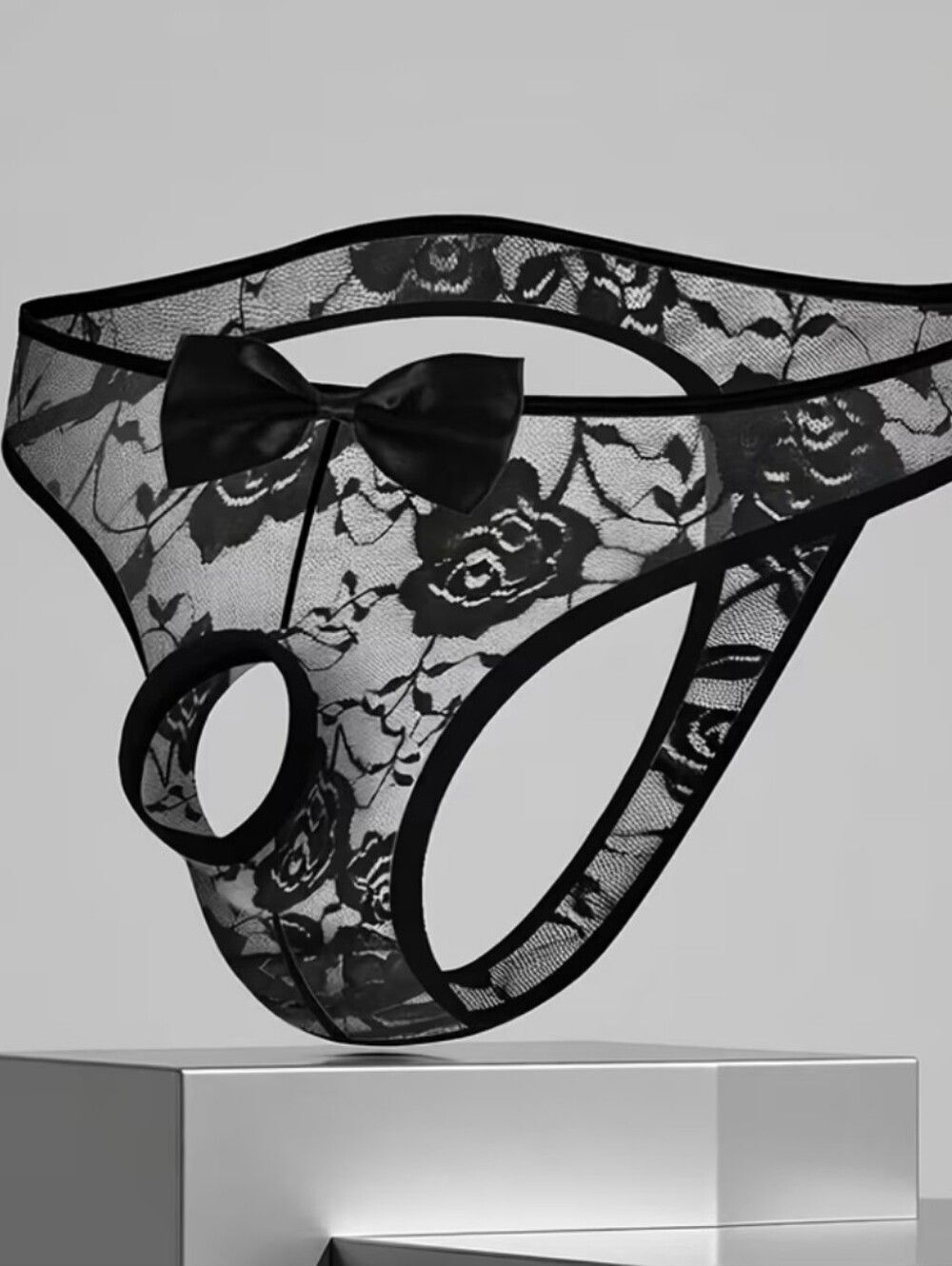 Sheer Black Lace Cutout Bikini Brief Thong with Bow -J
